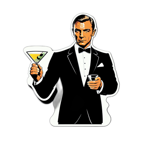 Et glansfuldt klistermærke af en klassisk James Bond-silhuet med en martini