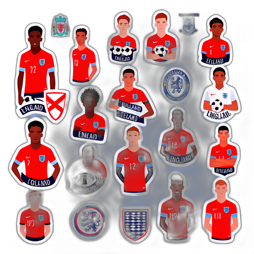 สติกเกอร์ทีมชาติอังกฤษ U21 พร้อมสัญลักษณ์ฟุตบอลและชื่อผู้เล่นดัง