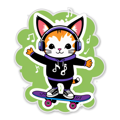 滑板与音乐小猫贴纸