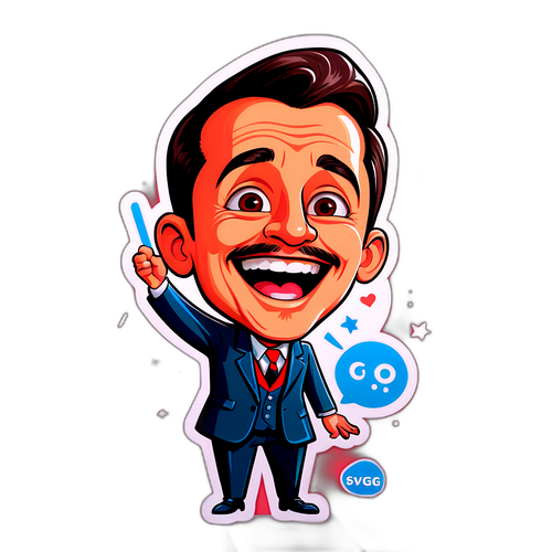 Чарівна карикатура Умєрова, що спілкується з аудиторією на фоні радісного натовпу