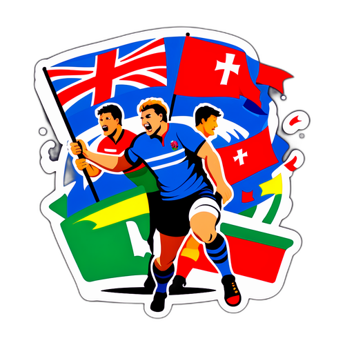 Sticker die de energieke sfeer van een rugbywedstrijd weergeeft