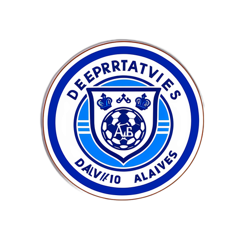 Logo van Deportivo Alavés met een voetbal en een opwindende stadionachtergrond
