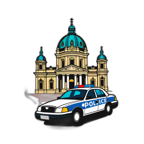 Aufkleber, der Wiener Architektur mit einem Polizeiauto kombiniert, um die große Operation zu feiern