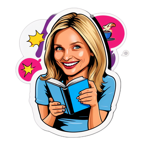 Wesoła karikatursa Cameron Diaz z książką