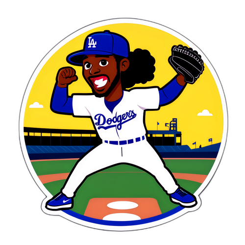 ドジャースキャラクターがマウンドで投げる瞬間を捉えたデザイン
