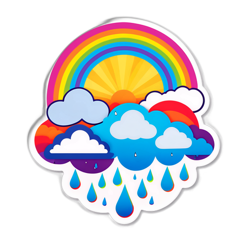 Nálepka s nízkým vzdušným tlakem ve formě mraků s deštěm a veselou duhou v pozadí