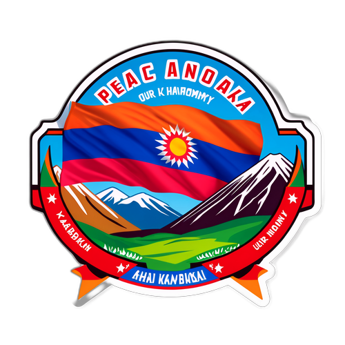 Наклейка с флагом Карабаха на фоне гор с текстом 'Мир и гармония — наша цель!'