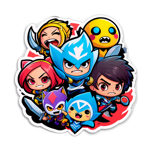 Стикер с комиксными персонажами League of Legends, вызывающими хаос в городе