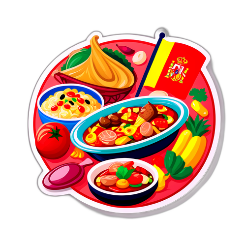 Barevný sticker s ikonickými jídly Španělska a Francie