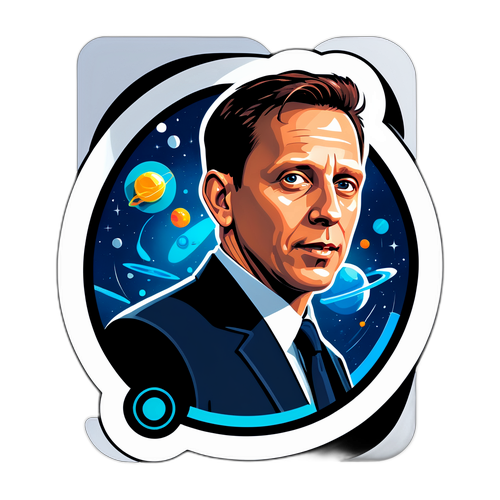 Ein Aufkleber, der Peter Thiel in einem futuristischen Raum darstellt, idealisiert durch Technologie und Fortschritt