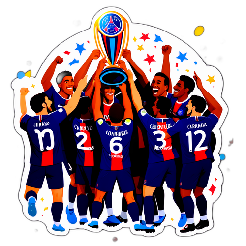 Стикер команды ПСЖ, празднующейvictory с трофеем