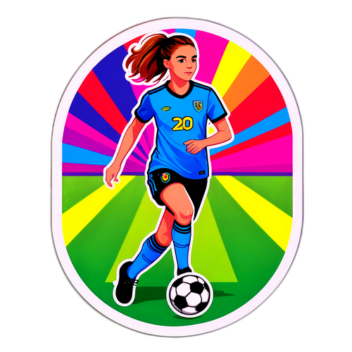 Sticker van een voetbalveld met dribbelende Chloe Kelly