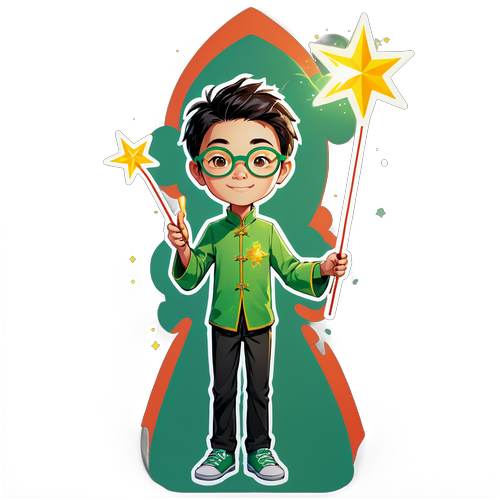 Tall Slim Chinese Boy with Green Glasses and Magic Wand