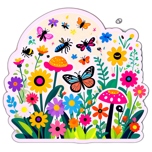 Et lekent, cartoon-stil hagebilde med blomster og insekter