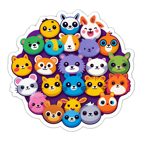 可愛動物角色的多彩圓球貼紙