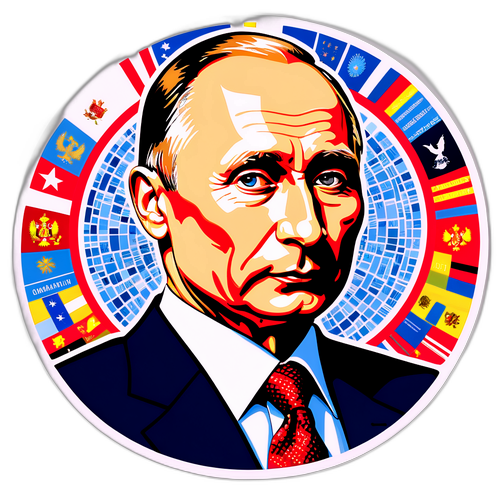 Стикер с серьезным портретом Путина на фоне мозаики его заявлений и важных исторических событий