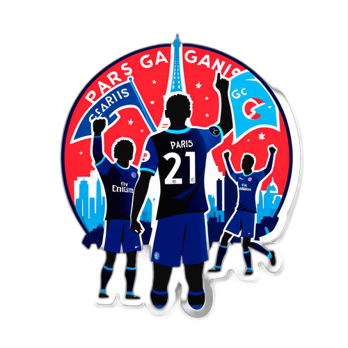 Αυτοκόλλητο που αποτυπώνει την Παρί Σεν Ζερμέν να γιορτάζει γκολ στο φόντο της πόλης του Παρισιού