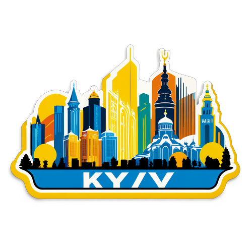 Наклейка з силуетом Києва на фоні кольорів trendy команд, символізуючи єдність спорту та культури