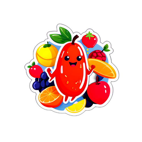 Autocollant amusant d'un pancréas dansant entouré de fruits sains