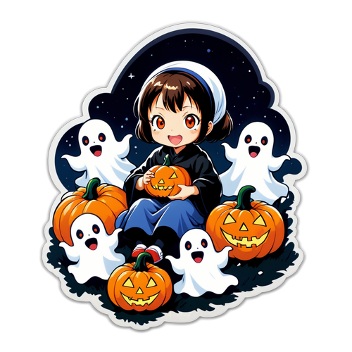 ハロウィンの魔法！梅津和夫のマコトちゃんがユニークに描かれた幽霊とカボチャに囲まれたデザイン