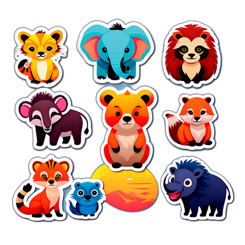 北のサファリの動物のカラフルなイラストステッカー