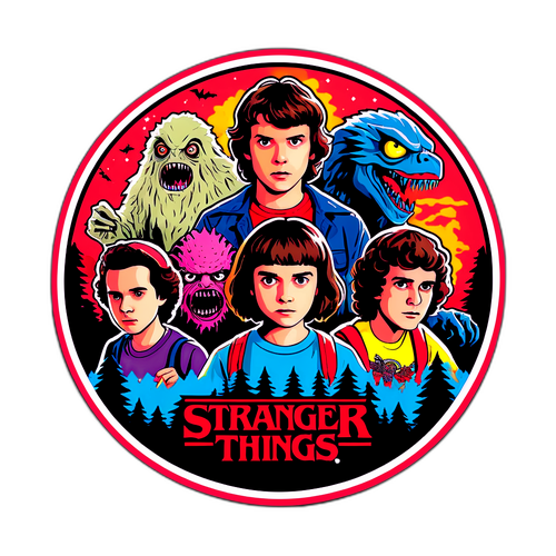 Autocollant Stranger Things avec logo entouré de monstres emblématiques