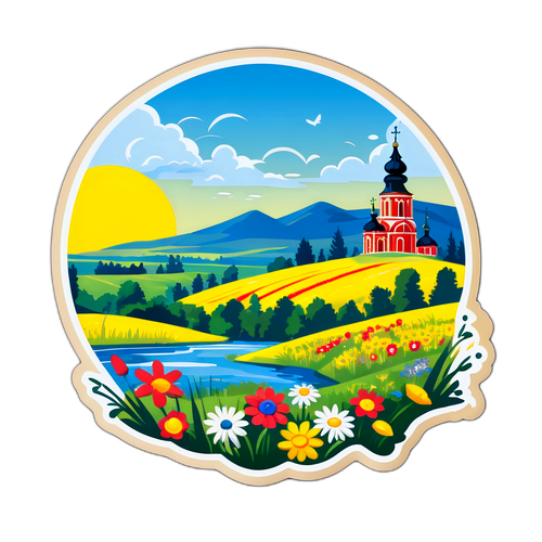 Васильків у традиційній українській вишиванці на фоні незабутнього пейзажу України