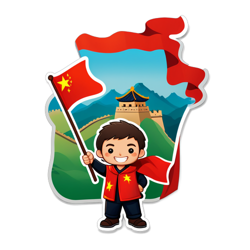 自信的卡通人物与中国国旗