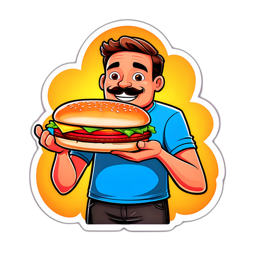 Vicces képregény karakter óriás hamburgert tartva