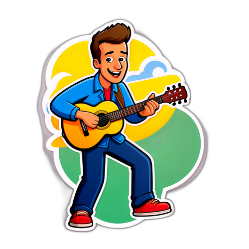 Sticker met cartoonversie van Bert de Backer, spelend op gitaar