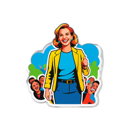 Sticker van Eefje de Visser op het podium met een vrolijk publiek op de achtergrond
