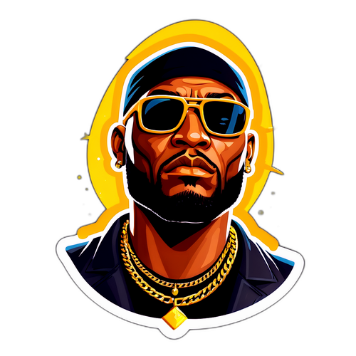Portrait stylisé de Booba avec lunettes de soleil et chaînes en or