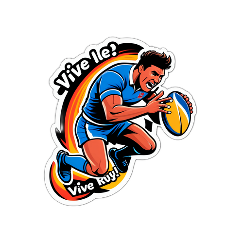 Sticker met een rugbyspeler die in de lucht springt met de tekst 'Vive le Rugby!'