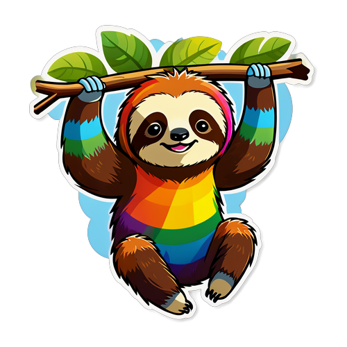 Rainbow Sloth Hanging from Tree Branch