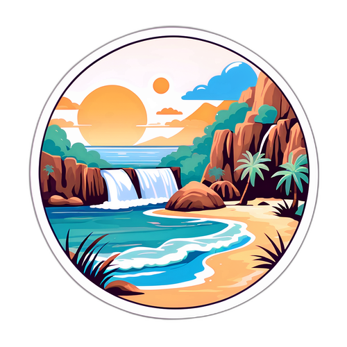 Наклейка с успокаивающим пейзажем: водопад и песчаные пляжи