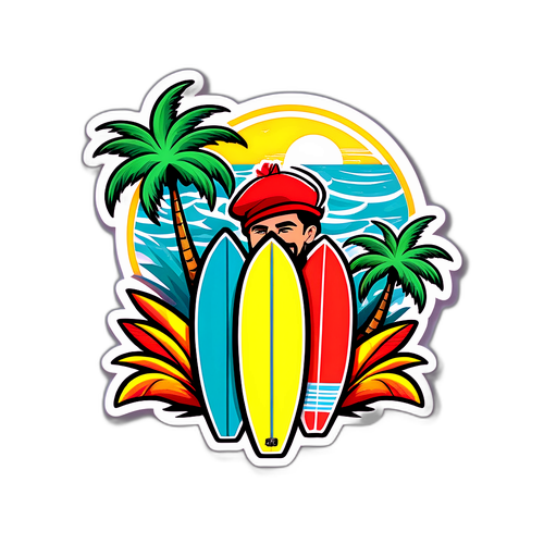 Tropisk klistermärke med beret, palmträd och surfbrädor