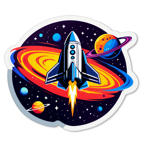 Sticker med en stiliserad bild av en rymdfarkost i galaxbakgrund