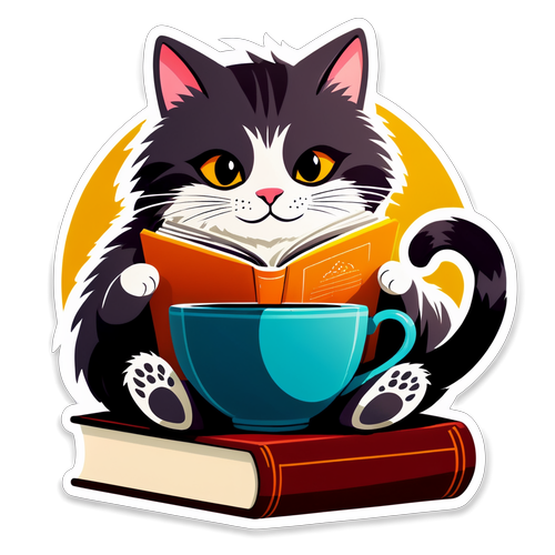 Cozy Reading Cat with Tea and Books