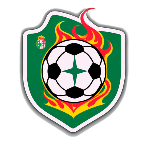 Voetbalbal met logo's van Betis en Utrecht op een vlammenachtergrond