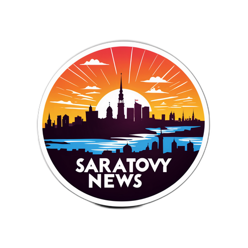Стикер с силуэтом города Саратов на фоне заката