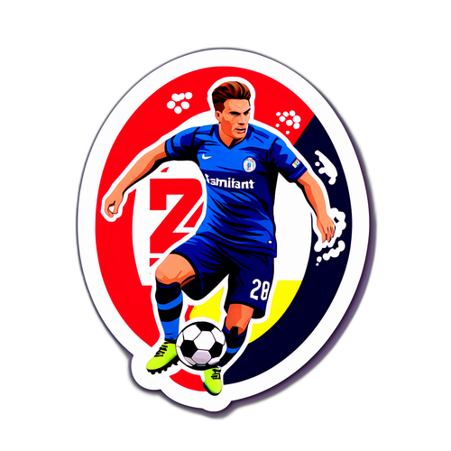 Sticker cu logo-ul Transfermarkt, ilustrat cu grafică de transfer și jucători de fotbal cunoscuți