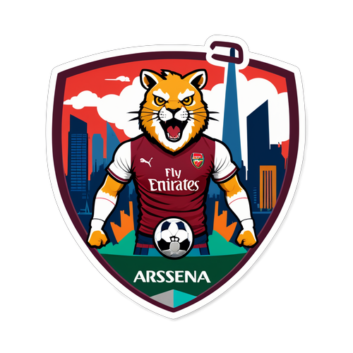 Stiker Logo Arsenal dengan Maskot Gunners di Latar Belakang Sky London