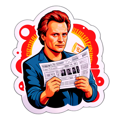 Artystyczna interpretacja Piotra Gąsowskiego trzymającego scenariusz