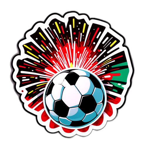 Design di un'adesivo vibrante con un pallone da calcio e fuochi d'artificio