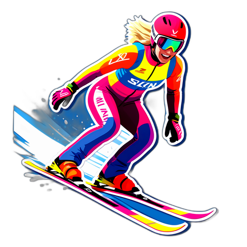 En klistermärke av Lindsey Vonn i en graciös skidhopp, som visar atletism och rörelse med en explosion av energiska linjer.