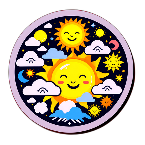 Tekening van de zon met verschillende weersymbolen en de tekst 'Het weer vanmorgen'