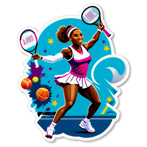 Autocollant illustrant Serena Williams jouant au tennis avec des éléments de football en arrière-plan pour célébrer le mélange de sports lors du Super Bowl 2025