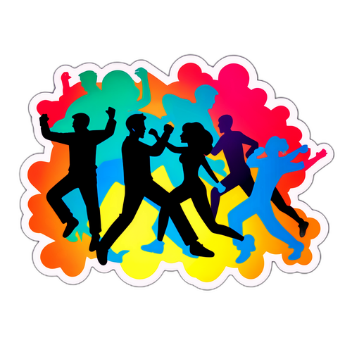 Design d'un autocollant dynamique de coup, avec des silhouettes de personnes en mouvement sur un fond coloré