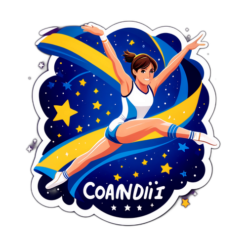 Adesiv cu Nadia Comaneci în timpul unei rutine de gimnastică