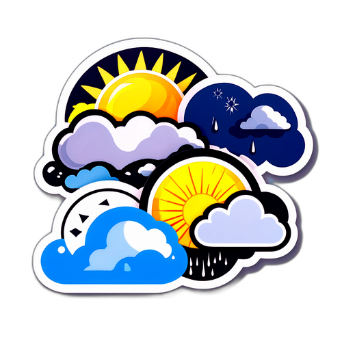 Những nhãn dán thời tiết với hình ảnh mây, mặt trời và mưa